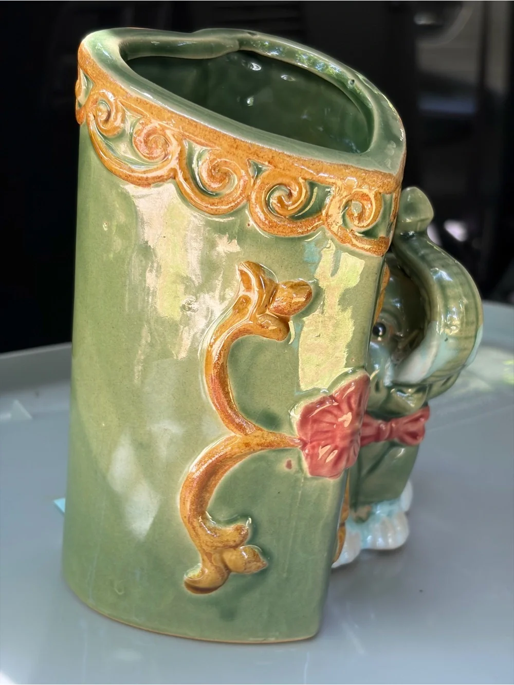 Vtg Baby Elephant Trunk Up Green Majolica Ceramic Vase W/ Red Flowers 6” Signed